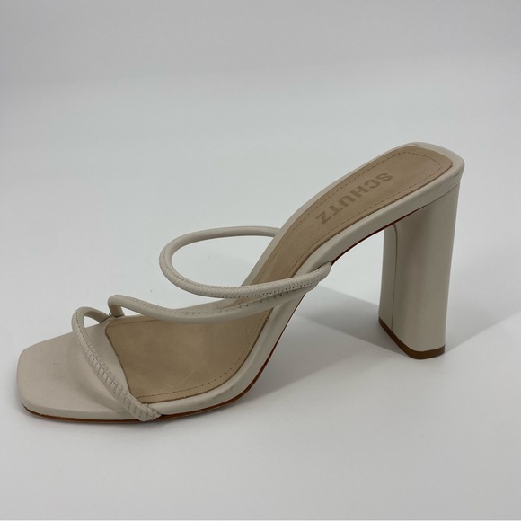 SCHUTZ Chessie Leather Asymmetrical Strap High Heel Sandals in Pearl - Picture 6 of 13